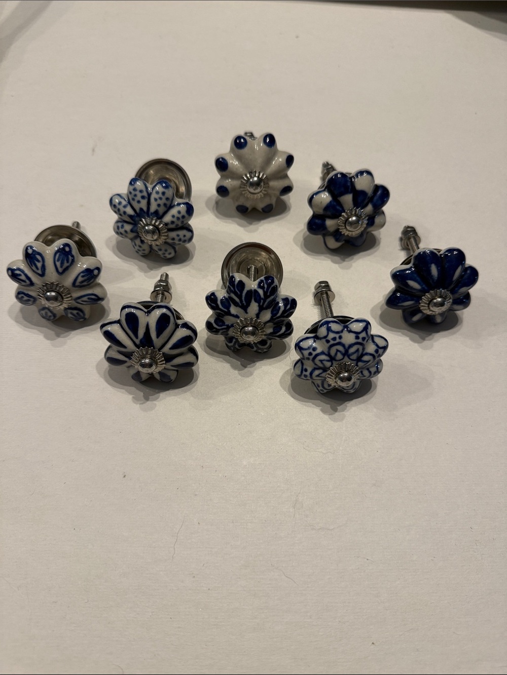 Blue & White Floral Ceramic Drawer Knobs - Set of 8